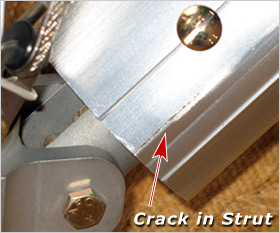Crack in lower strut - sometimes caused by Wing Fold-Back option - please request new control bar hardware